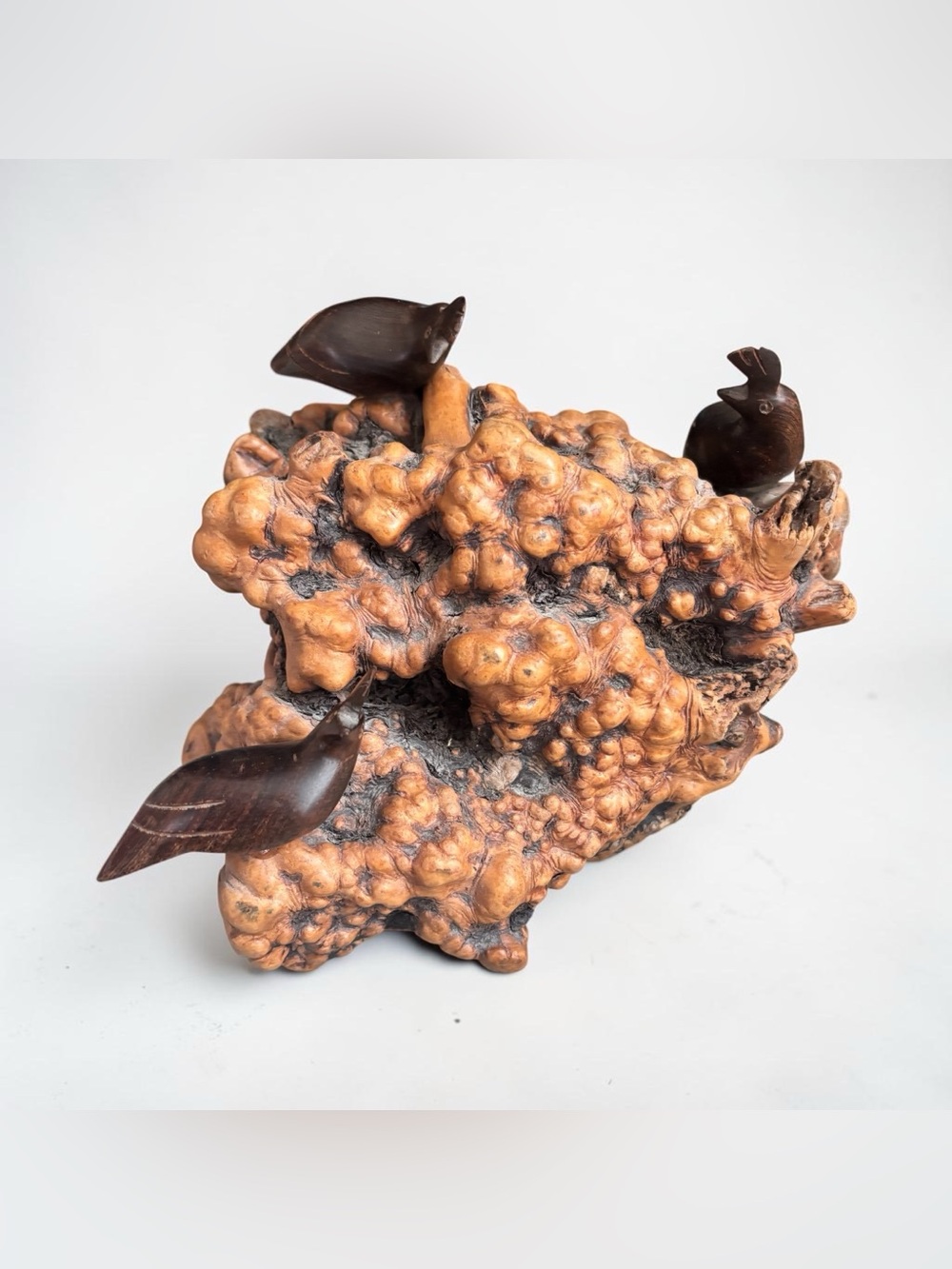 Vintage Carved Wood Bird Perched on Burl Wood Sculpture Mid-Century Modern Style